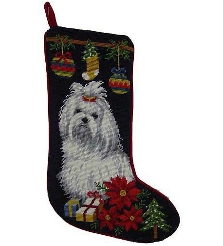 Maltese Christmas Stocking Hand Stiched Needlpoint